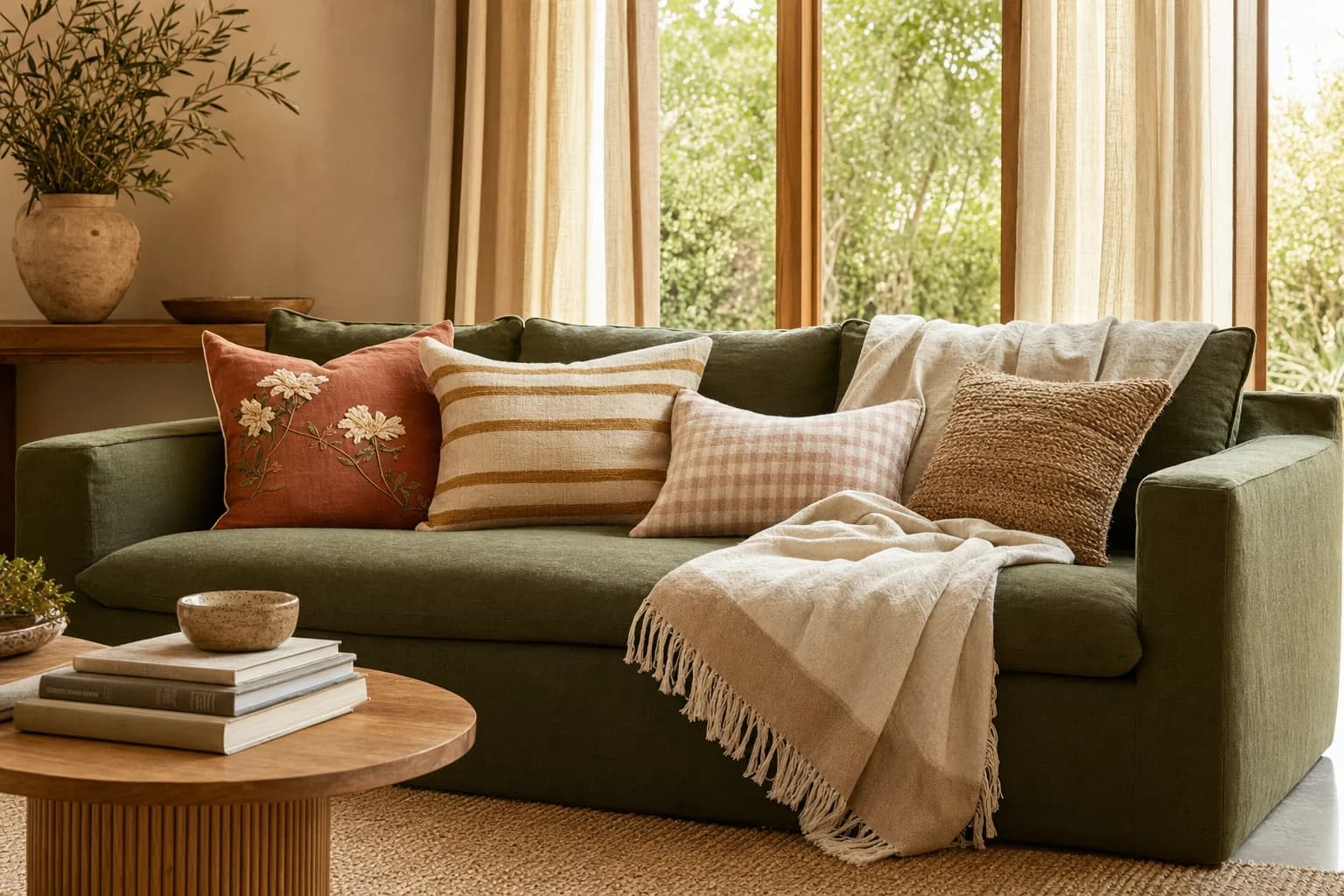 Linen throws and pillows styled on a sofa